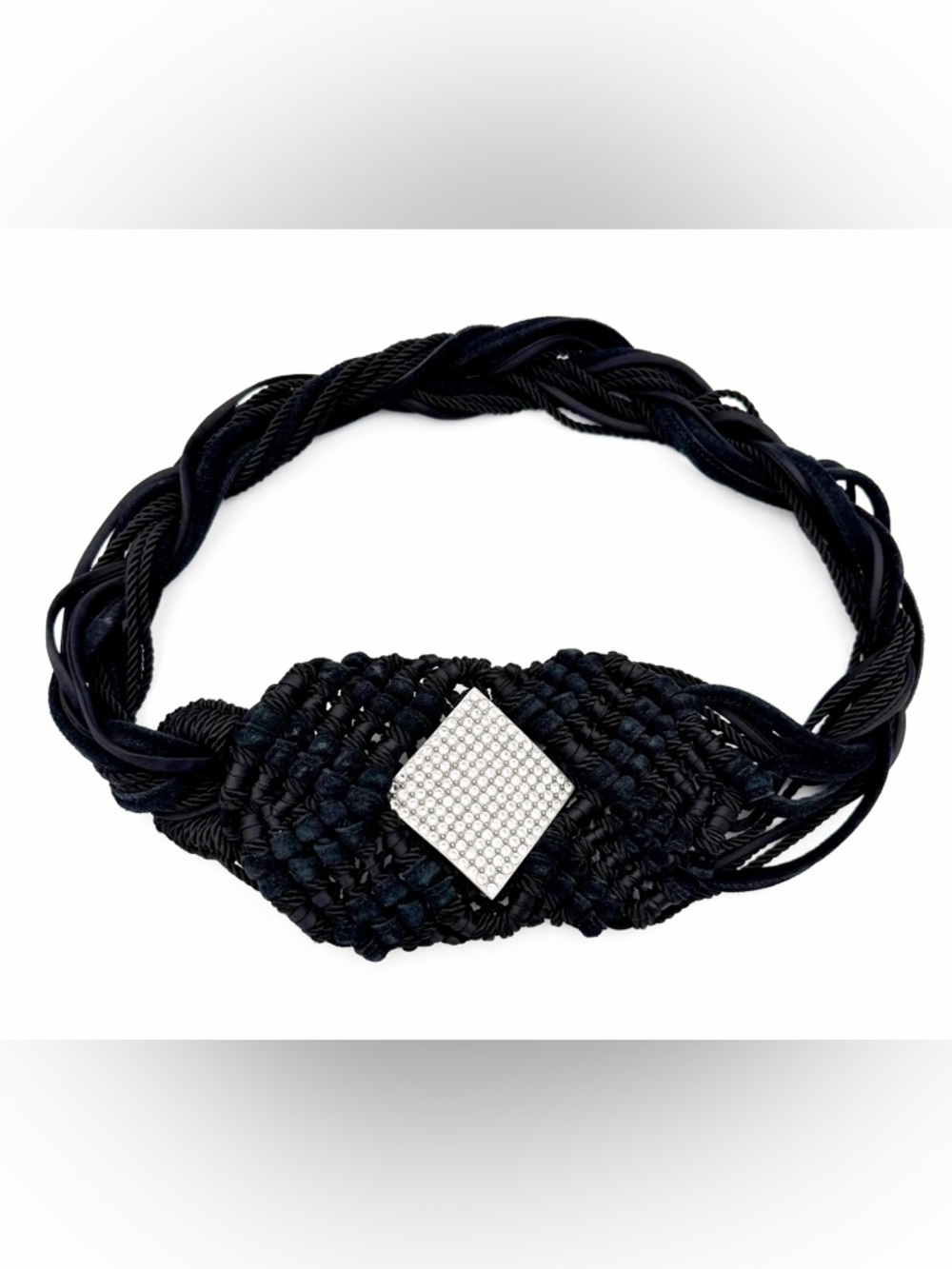 Yves Saint Laurent Belt 32-34” Black Braided Suede Cord Rhinestone Plaque YSL